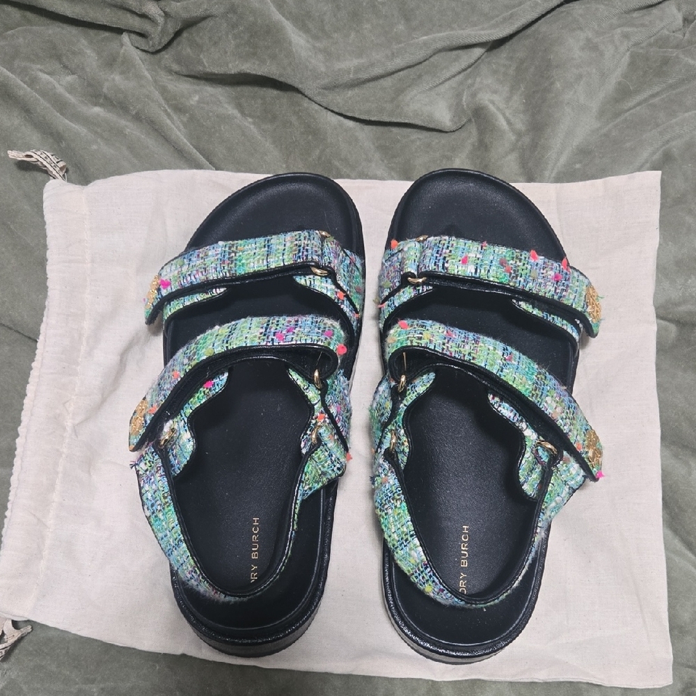 Tory Burch Multicolor Tweed Strappy Sandals on Black Footbed